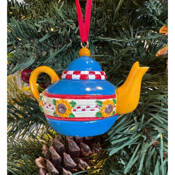 Mary Engelbreit Miniature Teapot Ornament Blue Yellow Sunflowers Flowers Christm - Picture 4 of 16